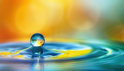 Wall Mural - Macro image of a beautiful drop of water, clean and transparent, on a smooth surface in blue and yellow colors, showcasing the beauty of the environment and nature. Bright, creative., water droplet.