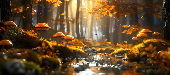 Blurry trees with little mushrooms. Autumn concept. 
