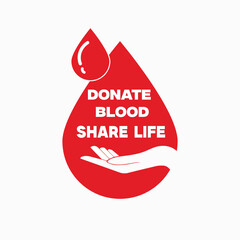 Donate Blood, Share Life. World Blood Donor Day 14th June, Hand, drop, Editable eps file. Social media post or template. Flat White background.