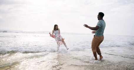 Poster - Water splash, couple and playing by beach with care, fun and playful together with happiness on vacation in Australia. Man, woman and ocean waves on holiday for weekend trip, anniversary and game.