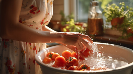 Close up of woman washing tomatoes in modern kitchen at home, Photo shot, Natural light day.