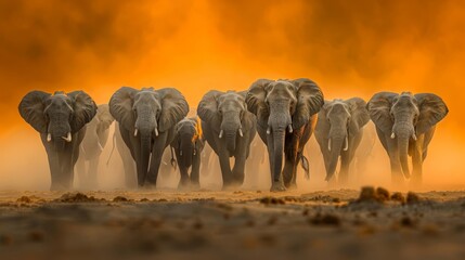 Wall Mural -  A herd of elephants walks down a dirt road, kicking up an orange cloud of dust Behind them, the dust gradually settles, revealing a sky with a few scattered clouds in