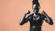 © Salman - black and white female fitness model with lean muscle making a focused pose on a peach background