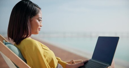 Wall Mural - Outdoor, woman and laptop for email on holiday, remote work and planning on website for agenda. Female person, poolside and journalist for research on article, editing and networking for project