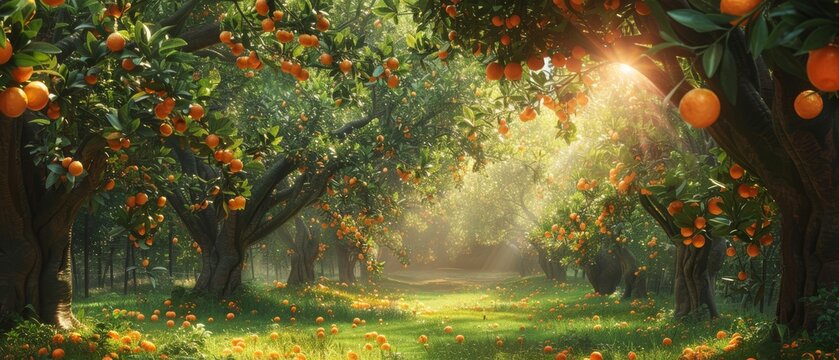 Lush orange grove with vibrant green foliage and ripe oranges hanging from trees