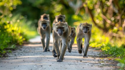 Wall Mural -  A group of baboons walks down a dirt road beside a lush, green forest on a sunny day No one is present on the opposite side of the road