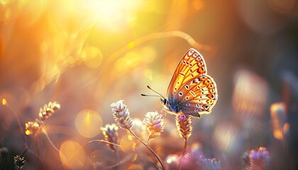Sticker - Golden sun glows in the sunset, macro. Romantic gentle image of a golden butterfly in the summer meadow, amidst wild grass and living wildlife. Sunlight illuminates the scene. Meadow wildlife, sunset 