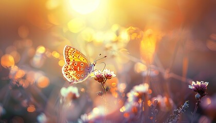 Wall Mural - Gentle romantic image of living wildlife, wild grass on a meadow in the summer in the rays of the golden sun, golden butterfly glows in the sun at sunset macro, nature photography, natural light.