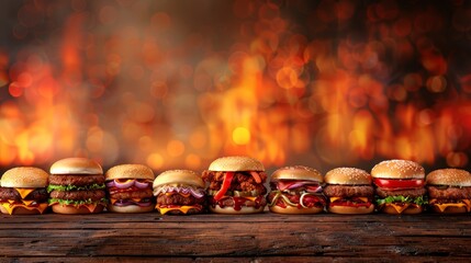 Wall Mural - A row of hamburgers on a wooden table, foreground, and a blurred background of the same table with another row of hamburgers