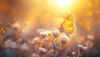 Poster - Gentle romantic image of living wildlife, wild grass on a meadow in the summer in the rays of the golden sun, golden butterfly glows in the sun at sunset macro, nature photography, natural light.