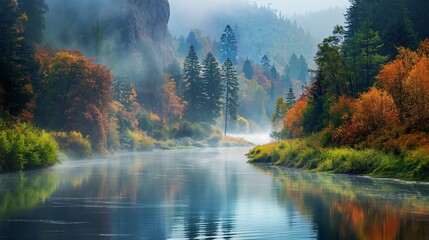 Wall Mural - A serene river winding through a misty forest, the tranquil waters mirroring the vibrant foliage and towering trees on its banks.