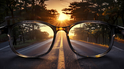 Wall Mural - A pair of glasses is sitting on a road at sunset. The scene is peaceful and serene, with the sun setting in the background