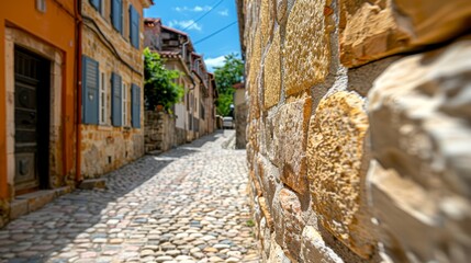  A cobblestone street with a stone wall and door on one side, a brick wall opposite, and a blue sky background