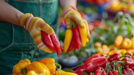 Wall Mural -  A close-up of a person holding a glove over red, yellow, and green peppers at a bustling farmer's market, filled with various arrangements of these colorful vegetables