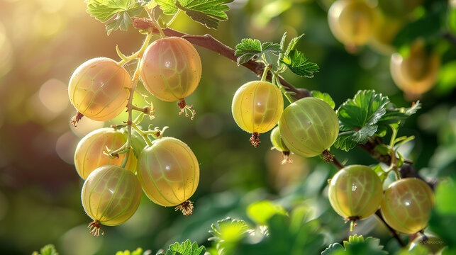 Close-up of a ripe juicy gooseberry hanging on a bush branch.