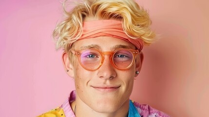 Wall Mural -  A tight shot of someone in a pink shirt, wearing glasses and a bandanna around their head, with a pink wall serving as both the foreground and background