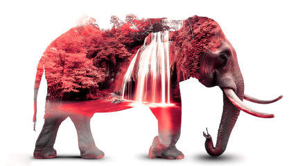 Wall Mural - monochrome Creative photo poster with double exposure with icon of elephant 