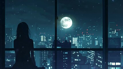 silhouette of a girl gazing moon at the city beyond the window during calm night. anime or digital p
