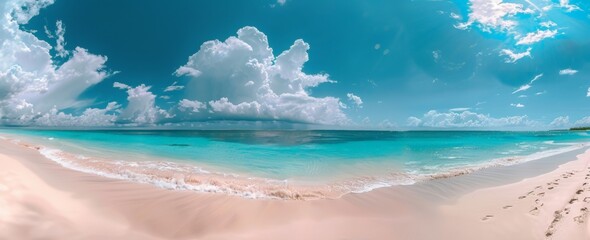 Wall Mural - A panoramic view of a beautiful tropical beach with white sand and turquoise water on an island in Maldives, a blue sky with clouds