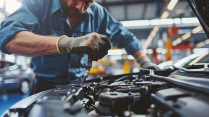 Wall Mural - Professional car mechanic using a wrench to work on the engine of the car in the garage for car auto repair service and maintenance check concept for the vehicle before leaving. Car maintenance