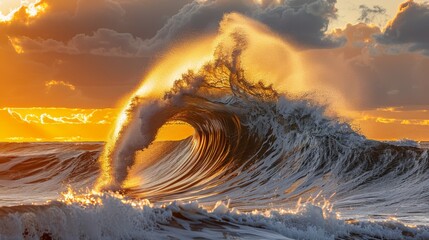 Wall Mural -  A large wave in the ocean, sun setting behind, clouds above and beneath