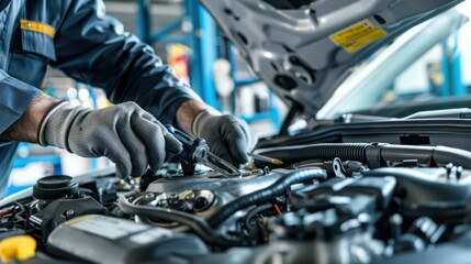 Wall Mural - Professional car mechanic using a wrench to work on the engine of the car in the garage for car auto repair service and maintenance check concept for the vehicle before leaving. Car maintenance