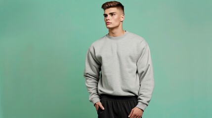 Poster - Male fitness model in a casual gray sweatshirt with black joggers, isolated on a seafoam green background