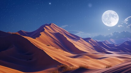 Wall Mural - A surreal desert landscape with towering sand dunes illuminated by the light of a full moon.