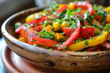 Wall Mural - A colorful bell pepper salad with parsley and olive oil adding a shiny finish