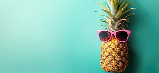 Summer banner concept. Pineapple wearing sunglasses - summer background with copy space