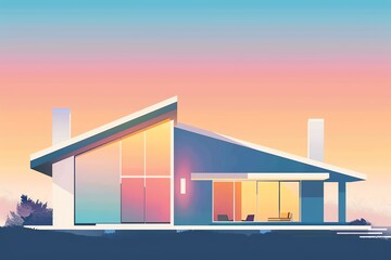 Simple minimalistic colorful vector design modern architecture silhouette private house gable roof flat design front view cartoon drawing vivid