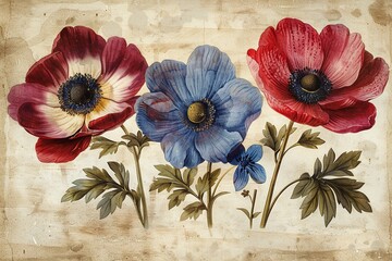 Wall Mural - An antique botanical illustration of the Hallerbos anemone and bluebell, showcasing their delicate details in scientific precision.
