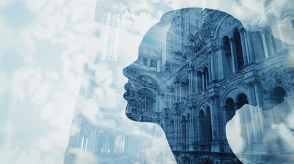 Wall Mural - A woman's face is shown in a blue background with a cityscape in the background