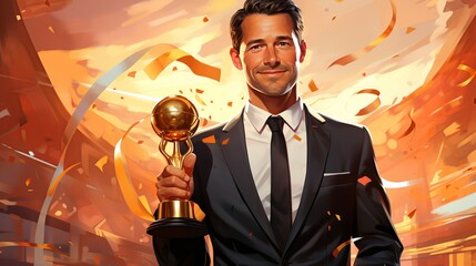A businessman holding a large, shiny gold trophy in one hand and a briefcase in the other, with confetti falling around him, symbolizing achievement and prosperity. Painting Illustration style,