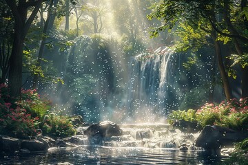 A magical forest scene with a sparkling waterfall