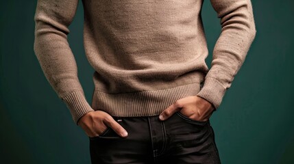 Wall Mural - Male fitness model in a light brown sweater with dark jeans, isolated on a rich green background