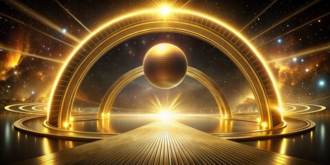 Poster - Golden arch framing a spherical object on stage.