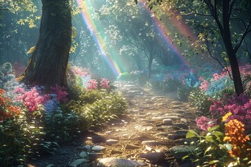Wall Mural - A magical forest scene with a rainbow bridge