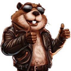 Cool cartoon gopher in leather jacket and sunglasses giving thumbs up