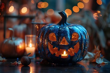 Wall Mural - A lighted pumpkin sitting on top of a wooden table