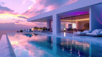 A luxurious outdoor pool area of a white mansion, captured at twilight, featuring sleek modern furniture and ambient lighting that enhances the reflective surface of the water under a colorful sky.