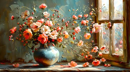 Poster - Beautiful floral bouquet in a vase by a window. Vibrant blossoms add color to rustic space. Ideal for home decor inspiration. AI