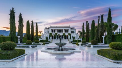 Wall Mural - A luxurious white mansion's garden at twilight, featuring symmetrically arranged topiary and a marble fountain, all under a sky transitioning from blue to pink.