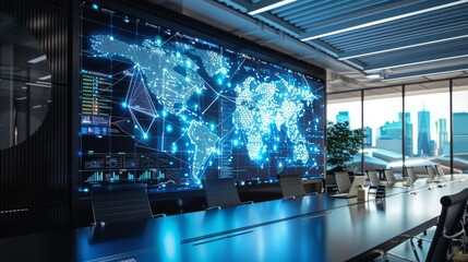 Wall Mural - An office setting with a large screen displaying a world map and interconnected lines.