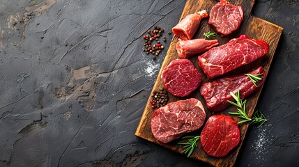 Sticker - Raw red meat selection on dark background with spices. Rustic culinary style. Perfect for cooking enthusiasts and food blogs. AI