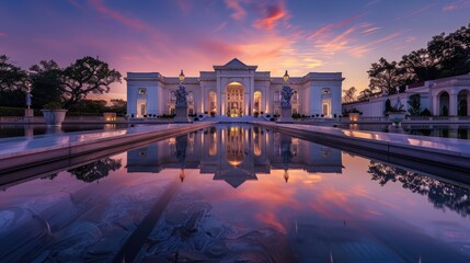 Wall Mural - A reflective water feature in front of a white mansion at dusk, mirroring the opulent structure and the vibrant twilight sky, creating a peaceful and luxurious atmosphere.