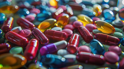 A bunch of colorful pills are scattered on a table