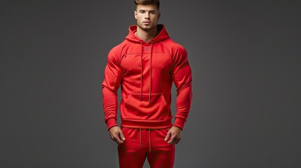 Wall Mural - Male fitness model in a stylish red hoodie with matching joggers, isolated on a charcoal gray background