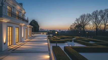 Wall Mural - A serene twilight scene featuring the back terrace of a white mansion, overlooking a sculpted garden with geometric hedges and ambient lighting, under a sky slowly turning dark blue.