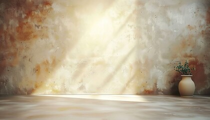 Wall Mural - Product presentation on minimal abstract background with shadow and light on beige plaster wall, minimalist backdrop, neutral tone, product showcase, elegant design.